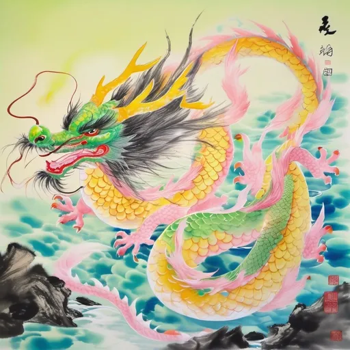 Prompt: ink-painting, Chinese yellow dragon, yellow scales, light green belly, four arms, feathers on arms and tail, swooping the surface of a river with its tail, pink and blue sky, Chinese style,