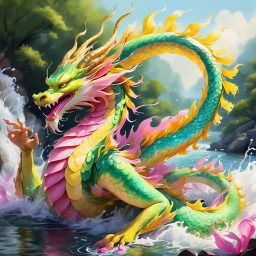 Prompt: digital watercolor painting, Chinese yellow dragon, yellow scales, light green belly, four arms, feathers on arms and tail, swooping the surface of a river, pink and blue sky,