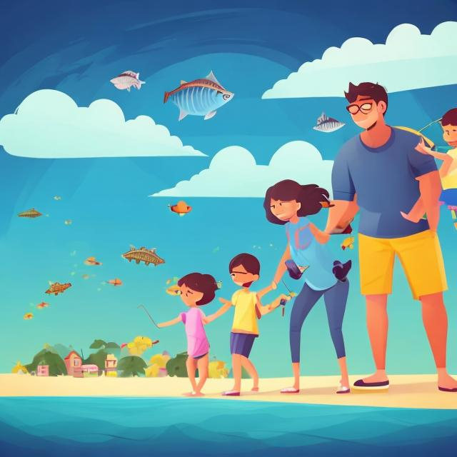 Prompt: 3 peoples, a father and two childrens, they are going to vacation on the island and it 's sunny day on. On an island there are some trees and some tall buildings. go fishing on a boat and catched very big fish, father is very happy but kid is scare of the fish . An airplane in the sky