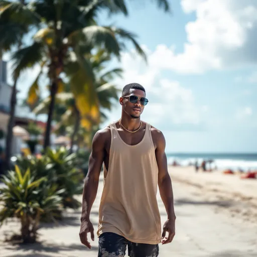 Prompt: Tall young African American male walking down beach road in Pattaya, Thailand, short haircut with waves, beach short with a tank top and gold neckless, ray band sunglasses , realistic, natural lighting