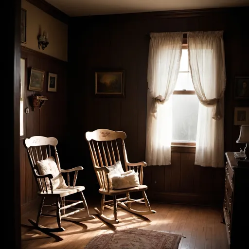 Prompt: I would like a scene taken from the corner of a warm, dark and sentimental room. The room is comfortable and clean, somewhat tradition. Although the room is dark, there is light coming in from a tall window in the left of the shot. In front of the window there should be a used rocking chair intended for a geriatric person, to its left sits an old fashioned baby carrier in good, barely used condition. The light shines gently and comfortably over the chair & carrier, to reflect a message of beginning and ending in life. A deep message wrapped in beauty. The image should be very realistic (almost like a photo) but with a hint of water color painting feel. Baby carrier should really be an old rocker, smaller than the rocking chair to symbolize the rocking at the beginning and end of our lives