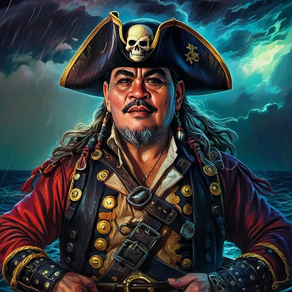 Prompt: Psychedelic contemporary artwork of close up view of mean looking gnarly pirate captain standing on the deck of his pirate ship, far out at sea in tremendous storm at night, Nicole Wharton's transformation, centered, painted, symmetry, intricate, volumetric lighting, dan mumford, marc simonetti style, astrophotography, rich deep colors, ultra detailed, sharp focus, beautiful masterpiece, psychedelic, contemporary, transformation, symmetry, intricate details