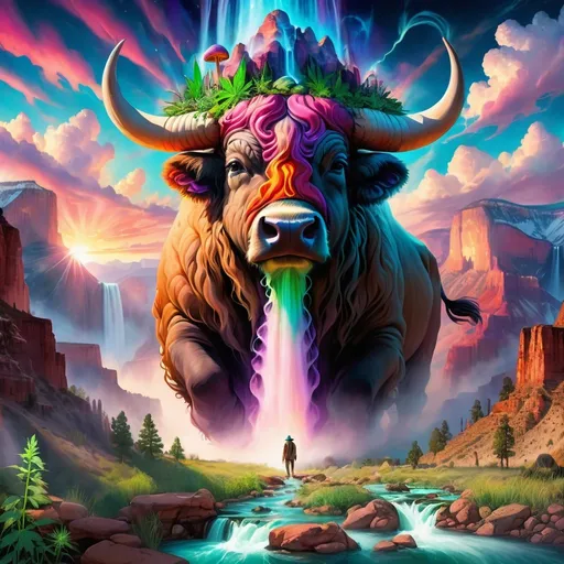 Prompt: Imagine a buffalo in the grand canyon with a psychedelic sky and cannabis plants and magic mushrooms growing in the valley. A massive waterfall in the background illuminated by a beautiful sunset