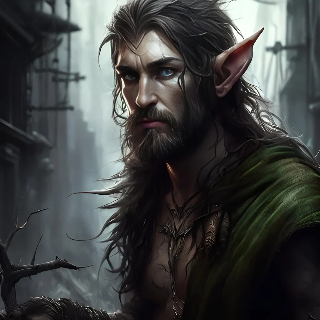 Prompt: Male half-elf druid, dark background, realistic digital painting, detailed facial features, rugged appearance, nature-inspired tattoos, mystical aura, intense and focused gaze, urban street gang setting, high quality, realistic, dark tones, atmospheric lighting