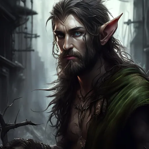 Prompt: Male half-elf druid, dark background, realistic digital painting, detailed facial features, rugged appearance, nature-inspired tattoos, mystical aura, intense and focused gaze, urban street gang setting, high quality, realistic, dark tones, atmospheric lighting