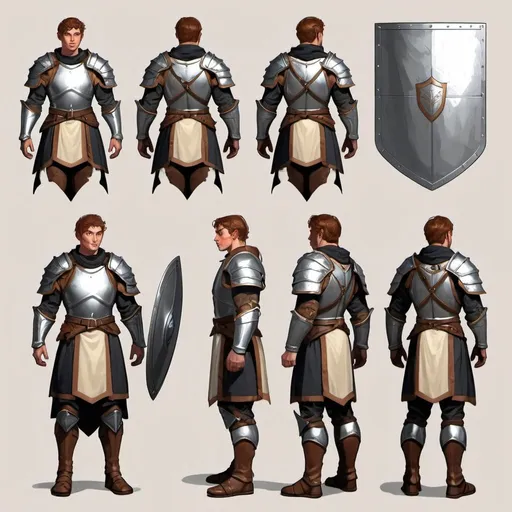 Prompt: Character design sheet human male fighter with full plate mail and shield