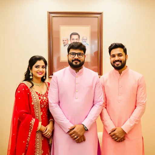 Prompt: A sense of camaraderie fills the air as three individuals stand together, dressed in vibrant traditional outfits, against the backdrop of a framed portrait depicting notable figures. The woman on the left wears a striking red dress adorned with intricate embellishments, complemented by a sheer red dupatta, exuding elegance with a gentle smile. In the center, a man dons a pastel pink kurta, his confident posture accentuated by glasses and a thoughtful expression, while he rests his arms casually. To his right, another man in a matching pink outfit showcases a cheerful demeanor, hands clasped in front of him. The warm, inviting indoor setting is enhanced by soft lighting, creating a celebratory atmosphere, while the watchful gaze of the framed portrait adds a layer of tradition and reverence to the moment.