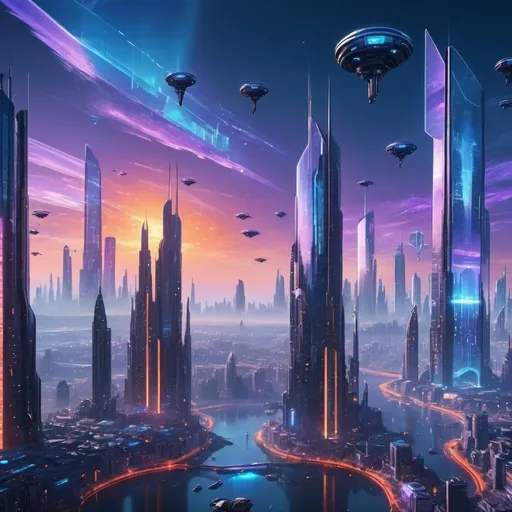 Prompt: Horizon view of a (fantasy) futuristic city in Veridion, (tall buildings) adorned with (holographic screens), (flying drones) scattered across the sky, (vibrant sky) showcasing shades of (blue, purple, and orange), (dark color scheme) enveloping the scene, atmospheric and (mysterious ambiance), ultra-detailed, (4K), encapsulating a sense of wonder and vastness.