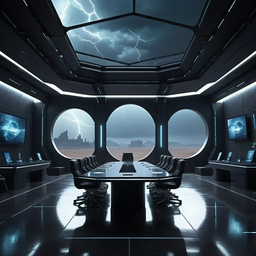 Prompt: (Futuristic conference room), dark color scheme, (fortified city of Veridion), vast deserts visible through windows, dramatic thunderstorms, advanced technology, holographic displays, interactive tables, atmospheric ambiance, moody lighting, intricate architectural details, (highly detailed), (4K quality), cinematic depth, eerie yet captivating mood, sleek designs, modern elegance in a fantasy realm.