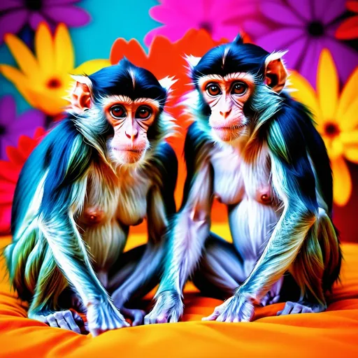 Prompt: generate two spider colourfull monkeys sitting on bed colourfull monkeys and colourfull background with flower