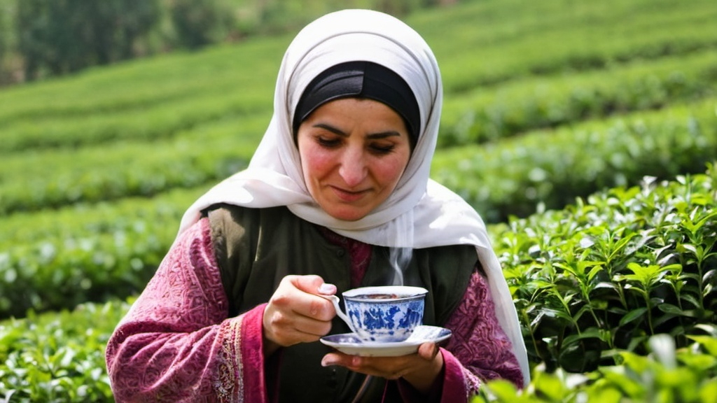 Prompt: A lady tea farmer from iran drinking tea 