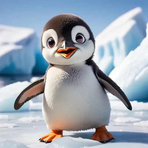 Prompt: Pipo, a small penguin with bright eyes, plays on the ice floe under a sunny sky.