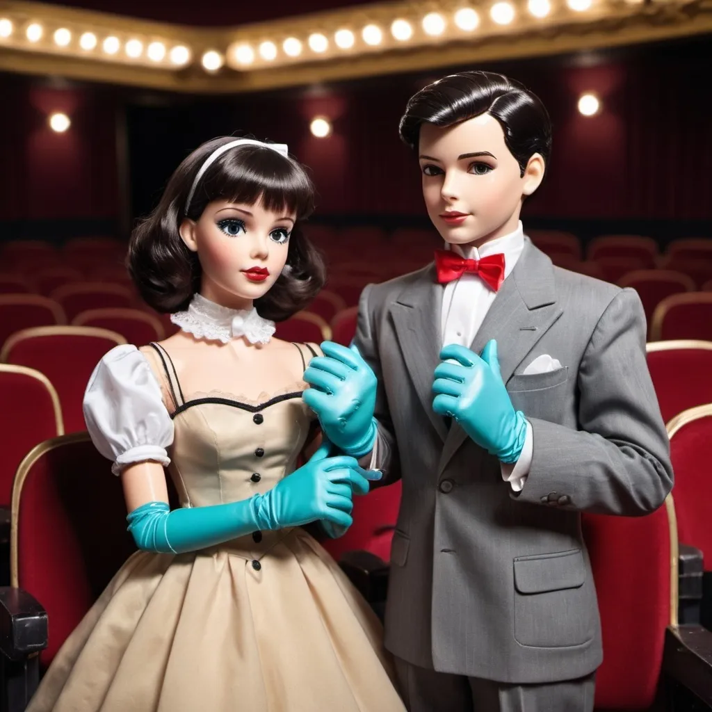 Prompt:    retro  boy and  brunette girl doll wearing 
gloves at the theater 