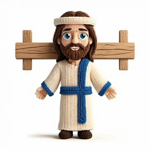 Prompt: Cartoon Jewish retro knitted Jesus on a cross Israel  in  white background 