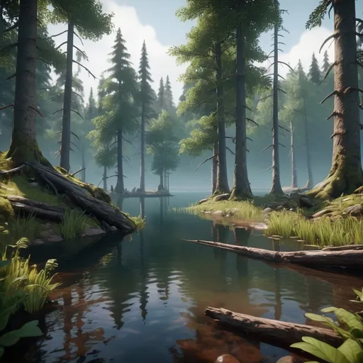 Prompt: a mysterious forest next to a lake, high quality, unreal engine