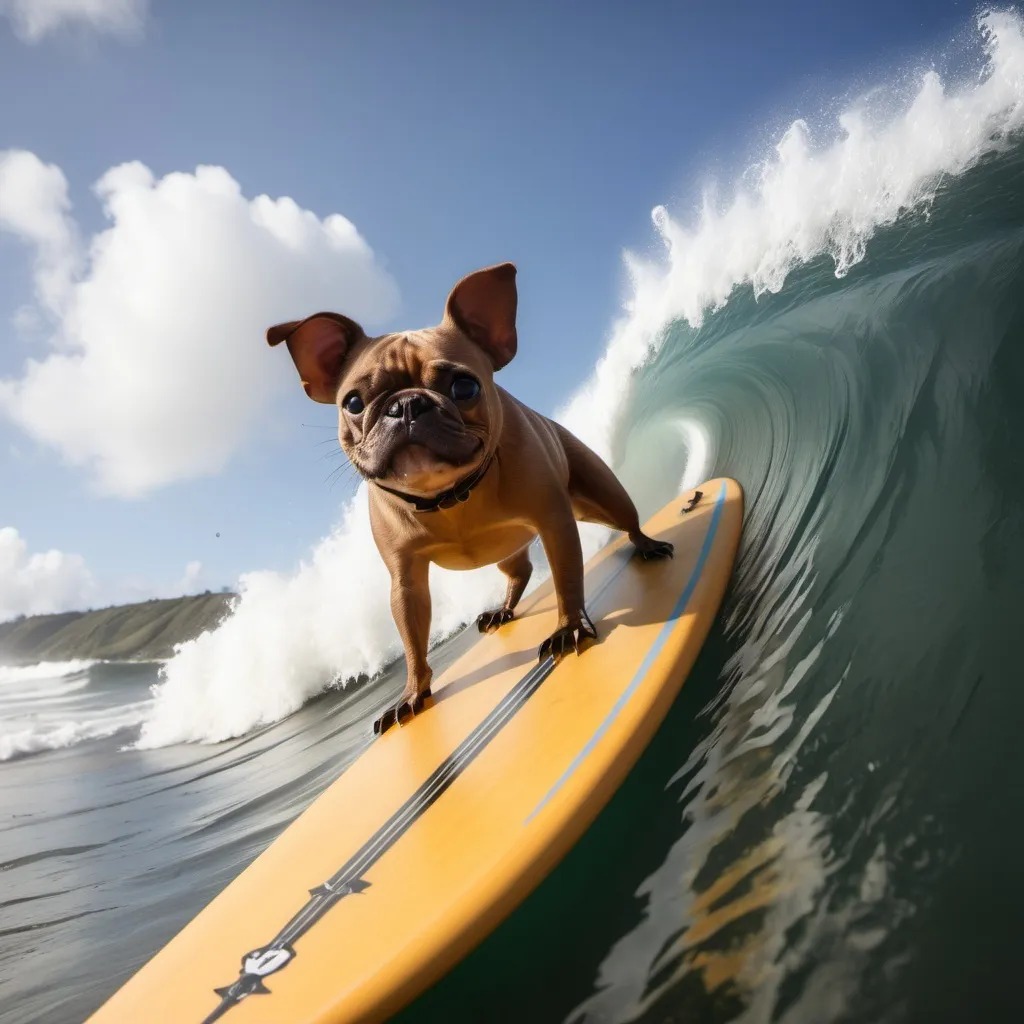 Prompt: porco animal em cima de uma prancha de surf numa onda