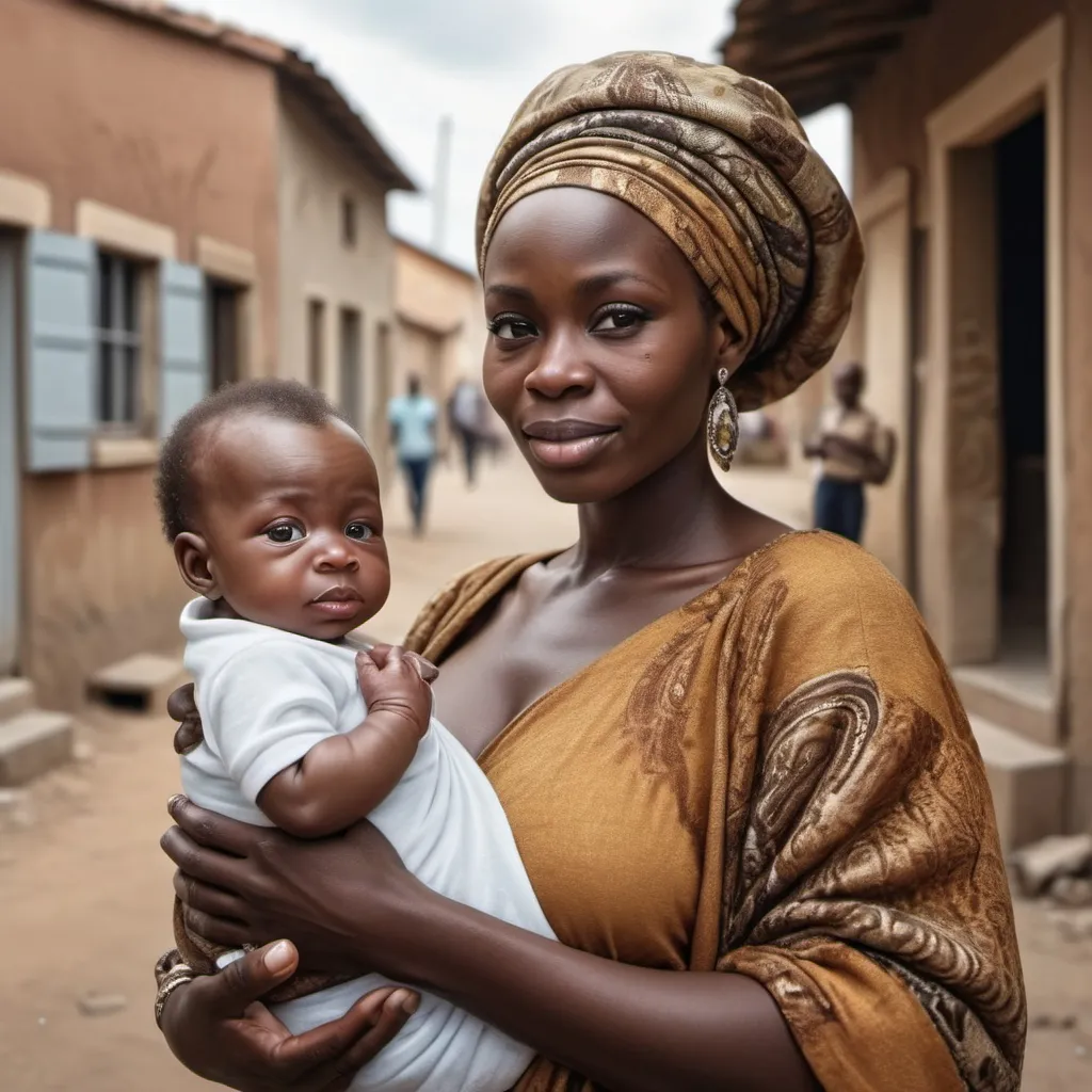 Prompt: hyper-realistic photograph of a rich European woman who, giving money into the hands of a poor African lady, buys her newborn baby 