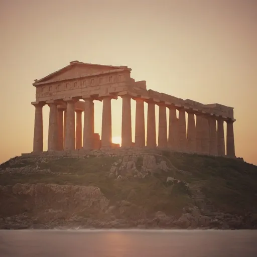 Prompt: Surreal film photography of a massive Greek temple in Sicily at sunset, overlooking the sea, vintage film medium, dreamy atmosphere, warm golden tones, sunflare, glowing sea, ethereal and otherworldly, ancient architecture, dramatic perspective, surreal sunset, vintage film aesthetic, dramatic lighting, dreamlike, hauntingly beautiful, medium format film, Sicilian coastline, surrealism, sunset, vintage, dreamy atmosphere