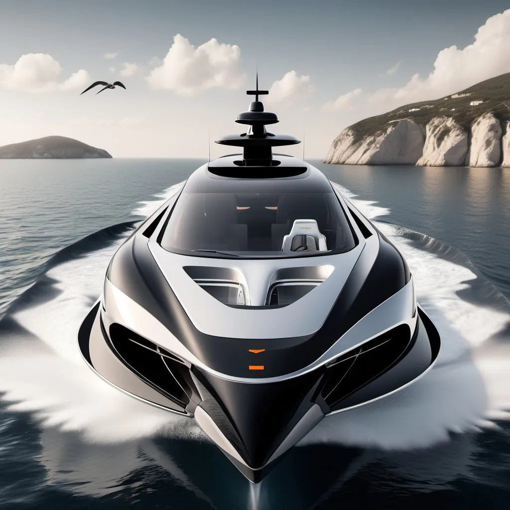 Prompt: "Design a luxurious McLaren-inspired yacht with silver and black colors, sleek lines, and advanced tech features, set against a serene ocean background with seagulls flying overhead."