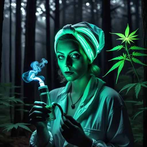 Prompt: woman with (bong) and (cannabis) in a (dark forest), (head wrapped in bandages of neon lights), (full high), (hyper-detailed), (4K), atmospheric lighting with deep shadows, inspired by (Andre De Dienes), surreal ambiance with mystical elements, (random pose), captivating contrast of vibrant neon against the dark backdrop.