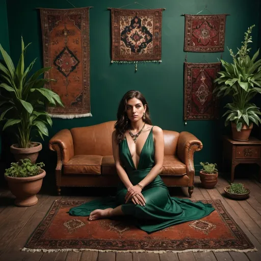 Prompt: a bespoke jewelry shot with the model sitting on the floor of a small dark room with a deep tan leather sofa dark green walls persian carpets lying around and plants and flowers directly planted on the wooden without a pot as in soil on the floor itself floor with dystopian yet classy feel with focus on the jewelry
