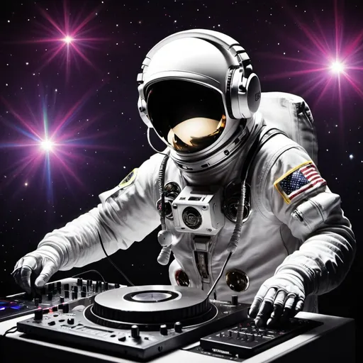 Prompt: ASTRONAUT DISCO PLAYING CDJ MIXER 
DJ HEAD PHONES
PARTY