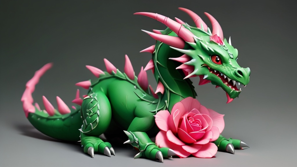 Prompt: Rose petal dragon, green thorns