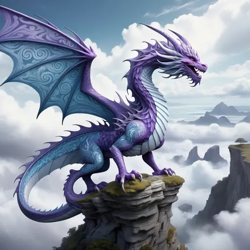 Prompt: Air dragon, elemental, long body, slender body, curly hair, wind, clouds, vibrant white and grey blue palette, pattern on wings, curved purple claws, intricate patterns, high above ground, among clouds near cliff top