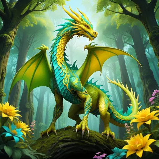 Prompt: Nature dragon, elemental, long, slender body, plants, flowers, floral, vibrant green yellow palette, curved cyan claws, intricate patterns, high above ground, among trees in a forest, full body view