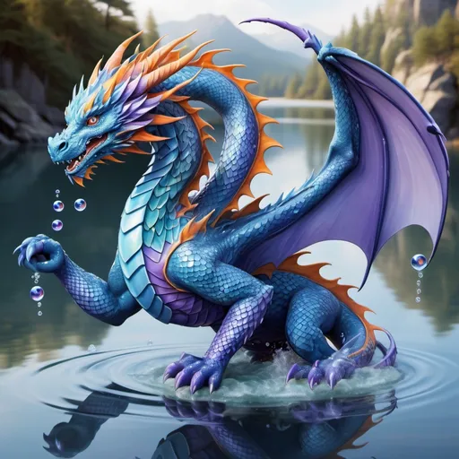 Prompt: Water element dragon, near Lake, blue palette, pattern on body, shiny scales, muted designs, purple orange claws, bubbles floating, full body visible