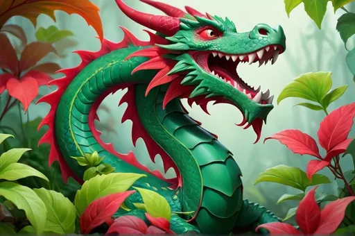 Prompt: Nature dragon, plants, leaves, floral, flowers, green and crimson red colours