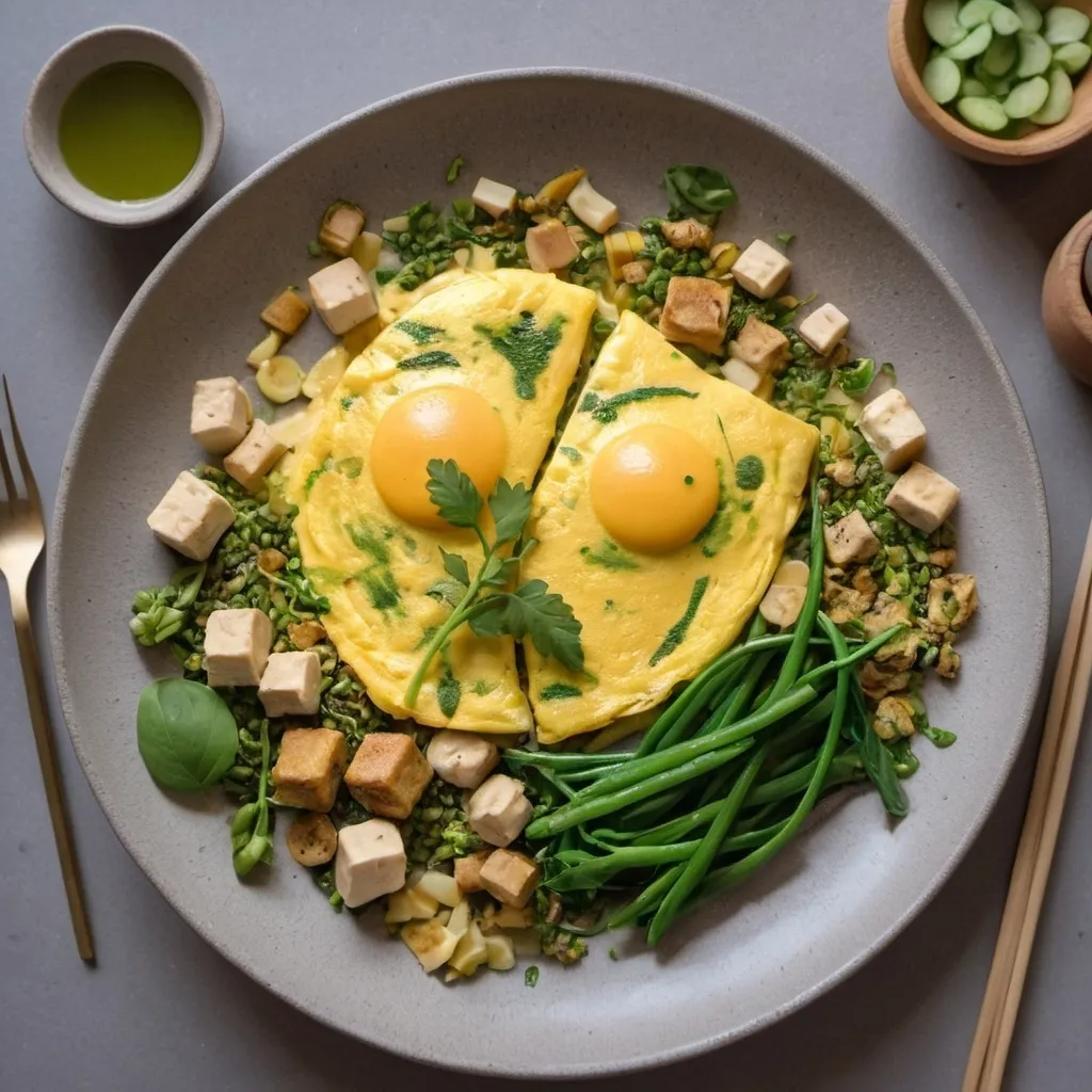 Prompt: crée une photo appétissante avec une belle mise en scéne avec des touches de vert , de fleurs et de feuilles, une image limuneuse, d'un plat mi xao, sur la photo met en avant les nouilles de blé jaune sauté, base servie avec crudités, tofu marinée, omelette, boeuf 
