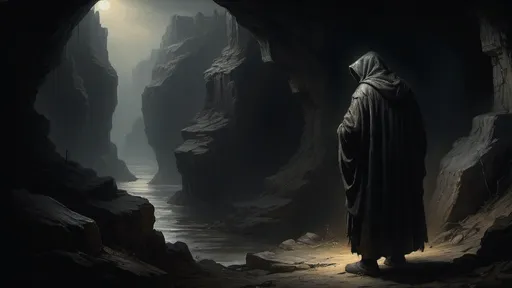 Prompt: Oil painting (Rembrandt style), (hunched and crooked back) of an (evil figure), cloaked in (black), looking away, set against a (dark, rugged landscape) imbued with sinister tones. Raising the dead from tombs, Deep shadows and highlights capture the malevolent atmosphere, enhancing the (ominous) vibe, while (rich textures) add depth and intrigue, presenting a haunting scene. (Ultra-detailed) and (dramatic lighting) accentuate the figure’s (mysterious) posture.