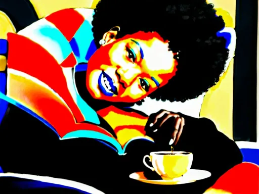 Prompt: a black woman with an afro reading a book  in a velvet armchair with a cup of tea by her side and a kitten by her laps with the name Grace studio thinking style