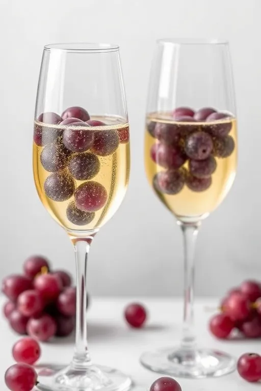 Prompt: Two glasses of sparkling wine with grapes in the glasses