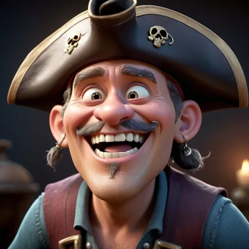 Prompt: Disney pixar character, 3d render style, old pirate evil laugh, cinematic colors