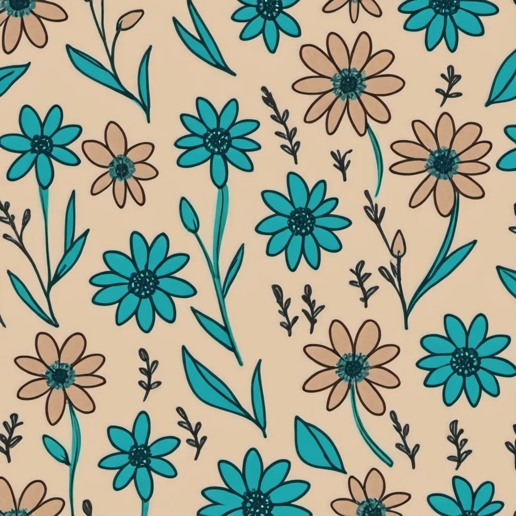 Prompt: small tan hand drawn flowers with teal flowers