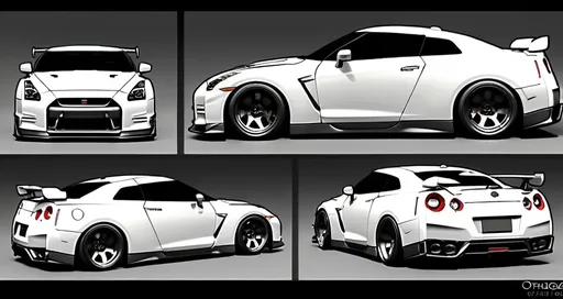 Prompt: Multi view orthographic of a Nissan GTR with a pandem body kit. Make sure the following views are present: Side, front, back, and top.