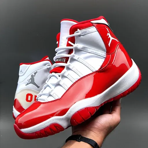 Prompt: off white jordan 11 red and white