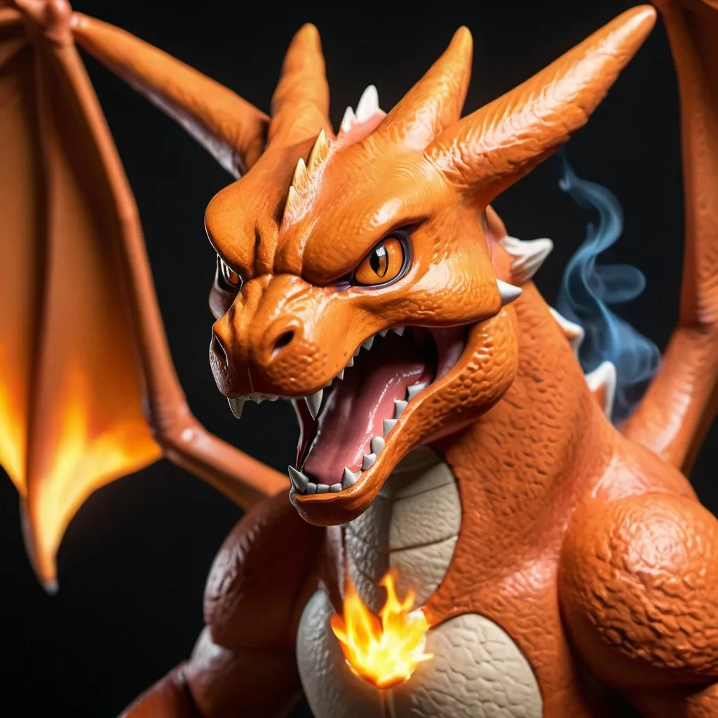 Prompt: A photorealistic close-up portrait of Charizard, capturing the intricate details of its anatomy. Focus on its powerful head, showcasing the sharp teeth, glowing embers within its mouth, and intense eyes. The smoke should curl realistically from its nostrils, adding to the sense of power and heat. Use dramatic lighting and shadows to highlight the texture of its scales and the individual feathers on its wings. Render in the highest possible resolution for exceptional clarity and detail.
