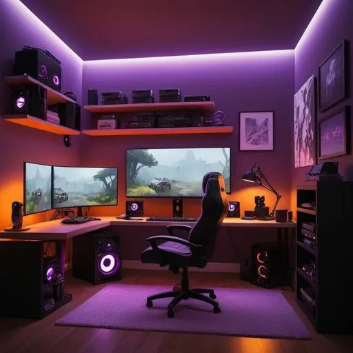 Prompt: Art Prompt Breakdown:

Subject:

A modern, well-lit gaming setup in a home office or dedicated gaming room.
Warm, purple and green lighting create a cozy and immersive atmosphere.
Functional furniture and decor: desk, chair, shelves, TV, gaming PC, and accessories.
Minimalist aesthetic with clean lines and a focus on functionality.
Style:

Realistic and detailed, showcasing the textures and materials of the objects.
Dynamic lighting with highlights and shadows to create depth and dimension.
Emphasis on the immersive gaming experience with vibrant colors and visual appeal.
Visual Elements:

Dominant orange and red lighting with subtle accents of black and white.
Variety of textures: wood, metal, glass, fabric, and plastic.
Careful arrangement of objects to create a balanced and visually appealing composition.
Use of perspective and depth of field to draw the viewer's attention to the gaming setup.
Possible Prompts:

"Cozy gaming setup with orange and red lighting, minimalist decor, and a large TV."
"Futuristic gaming room with a functional desk, comfortable chair, and immersive lighting."
"Home office turned gaming haven with warm lighting and a focus on technology."
Additional Considerations:

Consider adding personal touches like posters, figurines, or artwork to reflect the gamer's personality.
Experiment with different camera angles and perspectives to create dynamic compositions.
Pay attention to the arrangement of objects within the room to create visual interest.
Explore different lighting scenarios to create different moods and atmospheres.
I hope this breakdown is helpful!