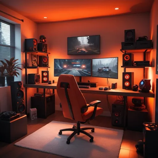 Prompt: Art Prompt Breakdown:

Subject:

A modern, well-lit gaming setup in a home office or dedicated gaming room.
Warm, orange and red lighting create a cozy and immersive atmosphere.
Functional furniture and decor: desk, chair, shelves, TV, gaming PC, and accessories.
Minimalist aesthetic with clean lines and a focus on functionality.
Style:

Realistic and detailed, showcasing the textures and materials of the objects.
Dynamic lighting with highlights and shadows to create depth and dimension.
Emphasis on the immersive gaming experience with vibrant colors and visual appeal.
Visual Elements:

Dominant orange and red lighting with subtle accents of black and white.
Variety of textures: wood, metal, glass, fabric, and plastic.
Careful arrangement of objects to create a balanced and visually appealing composition.
Use of perspective and depth of field to draw the viewer's attention to the gaming setup.
Possible Prompts:

"Cozy gaming setup with orange and red lighting, minimalist decor, and a large TV."
"Futuristic gaming room with a functional desk, comfortable chair, and immersive lighting."
"Home office turned gaming haven with warm lighting and a focus on technology."
Additional Considerations:

Consider adding personal touches like posters, figurines, or artwork to reflect the gamer's personality.
Experiment with different camera angles and perspectives to create dynamic compositions.
Pay attention to the arrangement of objects within the room to create visual interest.
Explore different lighting scenarios to create different moods and atmospheres.
I hope this breakdown is helpful!