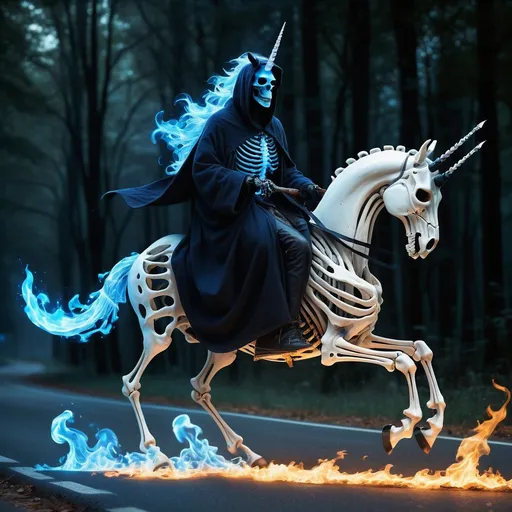 Prompt: schwarzes Einhorn, mit blauem Feuer statt Mähne und Schweif und an den Flanken, Ein weißes Skelett in einer Weißen Kapuzenrobe sitzt auf dem Einhorn, der Skelettschädel ist ebenfalls von blauem Feuer umgeben, auf dem Rücken des Skeletts ist ein Schwert, und in einer Hand hält er einen Zauberstab, die beiden reiten eine Straße entlang...