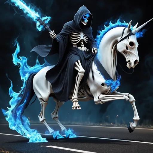 Prompt: schwarzes Einhorn, mit blauem Feuer statt Mähne und Schweif und an den Flanken, Ein weißes Skelett in einer Weißen Kapuzenrobe sitzt auf dem Einhorn, der Skelettschädel ist ebenfalls von blauem Feuer umgeben, auf dem Rücken des Skeletts ist ein Schwert, und in einer Hand hält er einen Zauberstab, die beiden reiten eine Straße entlang...