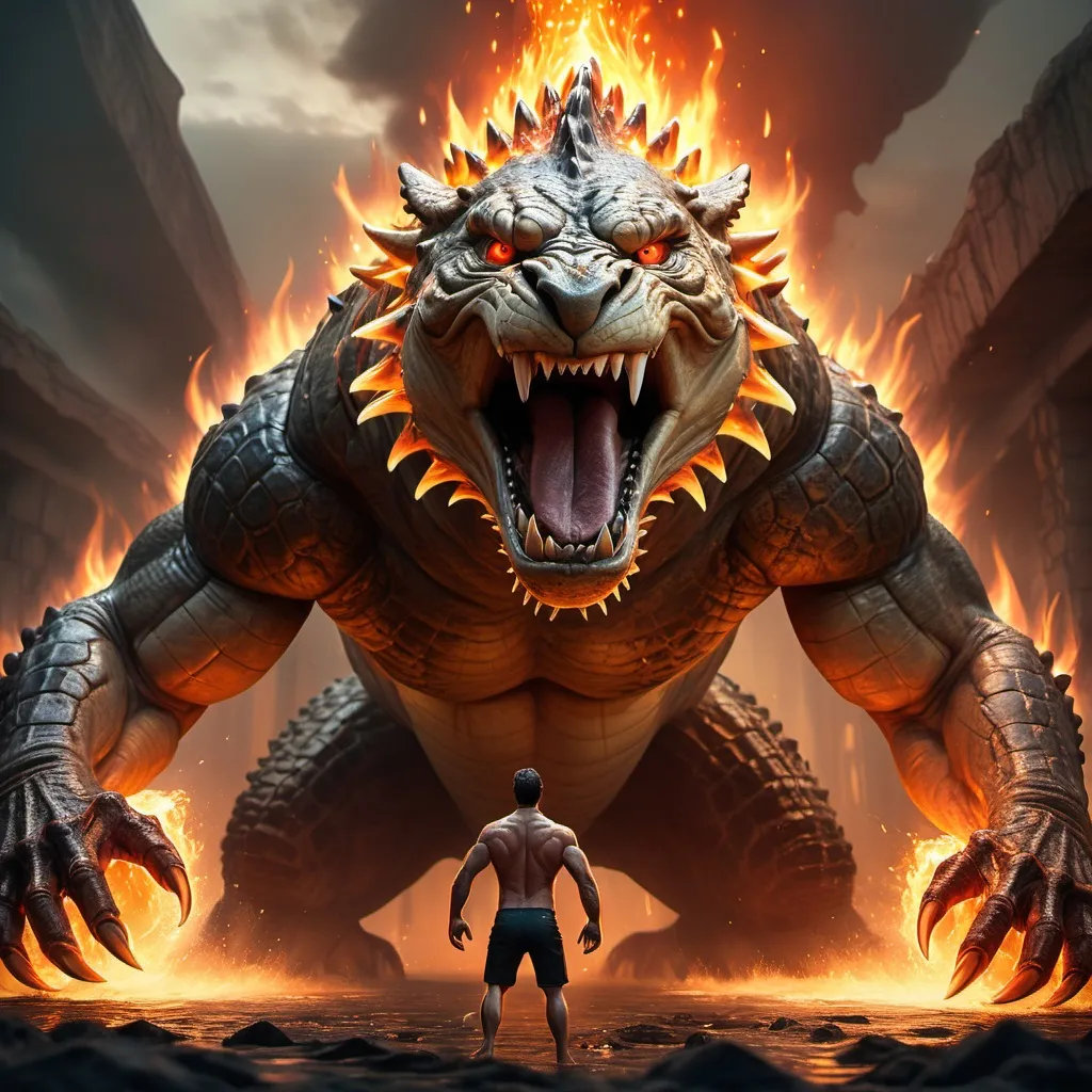 Prompt: A huge human hybrid full of prominent muscles with the head of a ferocious crocodile with its mouth open looking at you with glowing eyes in a terrifying scene showing the entire body fighting with a huge hybrid lion burning with molten lava