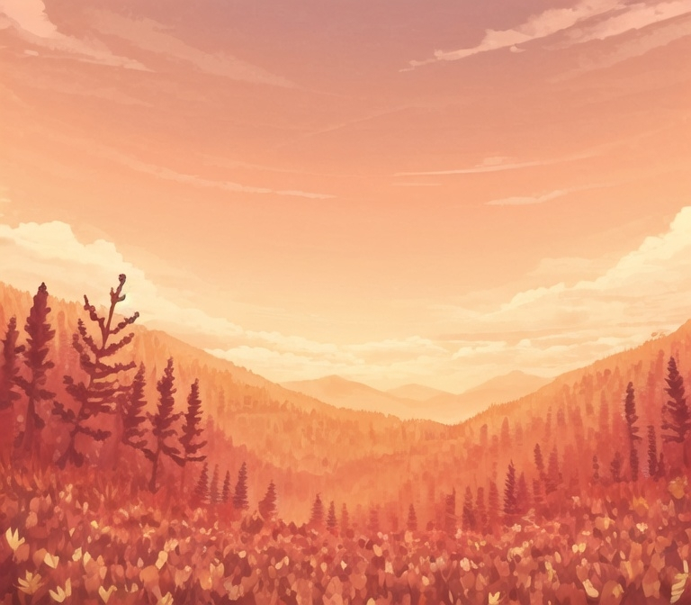 Prompt: cute background place with a sunset sky and a flower filled hill 
autumn season with clouds
and a forest in the background


