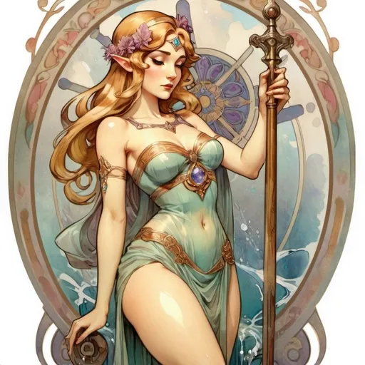 Prompt: Draw an alluring 1920's style pinup of tears of the kingdom princess Zelda in the style of Alphonse Mucha in water colour, a full body picture in a classic pinup pose. wearing her ancient sage outfit holding the broken master sword