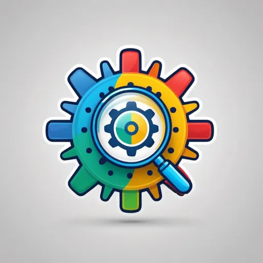 Prompt: Design a colorful icon for a YouTube channel called 'Science Behind'. The icon should feature a magnifying glass, gears, and an atom symbol. Use vibrant colors like blue, green, yellow, and red.
