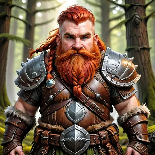 Prompt: Short dwarven druid, powerful broad shoulders, red hair braided, red beard and mustache large and fluffy, simple leather armor, on forest background