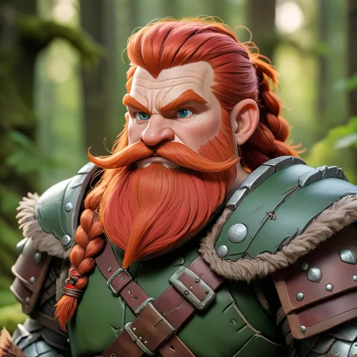 Prompt: Short dwarven druid, powerful broad shoulders, red hair braided, red beard and mustache large and fluffy, simple leather armor, on forest background